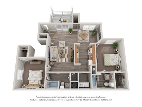 A 3D floor plan of a house with a living room, kitchen, dining room, and bedrooms.